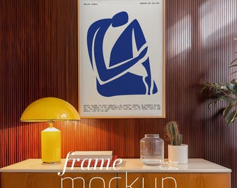 Makieta ramy w stylu Mid-Century Modern: płótno z drewna w stylu retro, format DIN A do pobrania w wersji cyfrowej