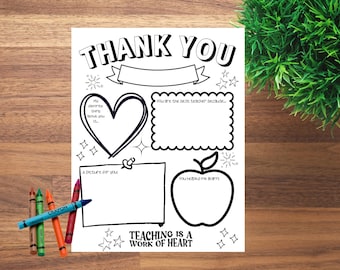 May include: A printable thank you card for teachers with a heart, apple, and space for a picture. The card says "Thank You" in large letters and "Teaching is a work of heart" at the bottom.