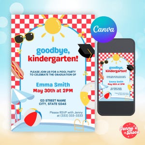 Puede incluir: Una colorida invitación a una fiesta en la piscina de graduación de jardín de infancia, con el texto "goodbye, kindergarten!". El diseño incluye un sol, gafas de sol, un perrito caliente, un balón de playa y un birrete. La invitación se muestra en un smartphone.
