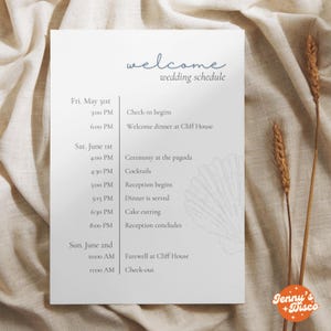 Plantilla de tarjeta o póster con programa de bodas, itinerario de fin de semana, boda en la costa, boda en la playa