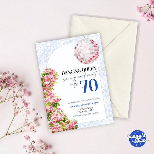Dancing Queen, Young and Sweet 70th Birthday Party Invitation | Customizable Canva Template