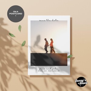 May include: Save the date postcard with a silhouette of a couple holding hands in front of a sunset. The text reads "save the date", "jane and john", "June 1, 2025 - Portland, OR".