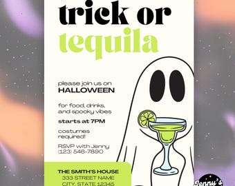 Könnte beinhalten: Halloween-Party-Einladung mit dem Text "trick or tequila" in Schwarz und Limettengrün. Ein Cartoon-Geist hält eine Margarita. Die Einladung enthält Details zu Essen, Getränken und Kostümen.