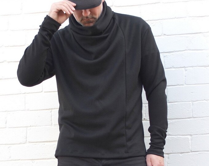 Mens Black Jumper. Draped Front and Cowl Neck Jumper. Etsy