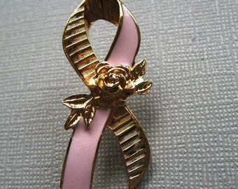 Vintage Goldtone and Pink Enamel Avon Breast Cancer Awareness Pin or Brooch from the 90s