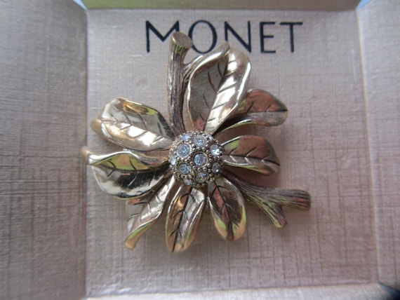 pearlescent enamel and silk Vintage MONET moonglow flower brooch with rhinestones
