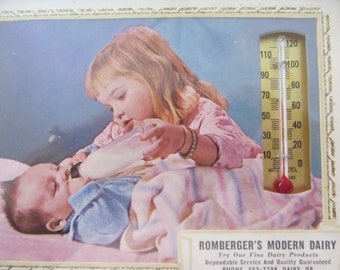 1950s Advertising, Romberger's Modern Dairy, Dairy Products, Baby Picture and Thermometer, Vintage Nursery Decor