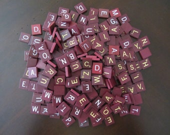 Collection of 250 Maroon/Dark Red Wood Scrabble Tiles White Letters  Assorted Letters Scrap Booking Crafting Jewelry Wedding Favors