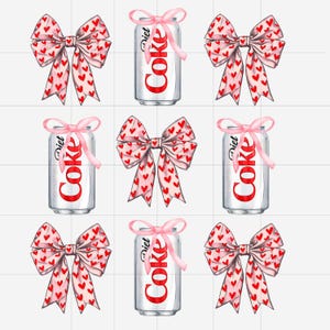 Pode incluir: Nove imagens de uma lata de prata de Coca-Cola Light com um laço rosa com corações vermelhos. O laço está amarrado em volta da parte superior da lata.