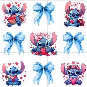May include: Nine digital images featuring Stitch from Lilo & Stitch. Stitch is shown in various poses, including holding a heart, a flower, and a gift. The images also include blue bows and hearts.