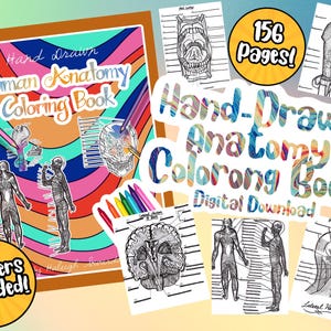 Könnte beinhalten: Ein digitales Download-Malbuch mit 156 Seiten handgezeichneter Illustrationen der menschlichen Anatomie. Der Umschlag zeigt ein farbenfrohes Wirbeldesign und den Titel "Handgezeichnetes Anatomie-Malbuch".