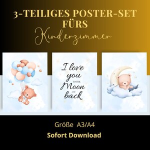 Set de pósteres de 3 piezas para la habitación de los niños: "Te amo hasta la luna y de regreso", decoración para la habitación del bebé, diseñado con mucho cariño A4| A3|Descargar