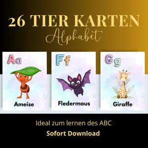 Alphabet Karten Tiere | 26 Lernkarten für Kinder | ABC Lernhilfe | Montessori | PDF zum Ausdrucken | A6 | Download | Buchstabenkarten