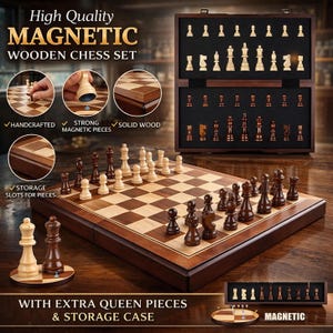 Könnte beinhalten: Ein hölzernes Schachspiel mit magnetischen Figuren. Das Schachbrett hat ein braunes und beiges Karomuster. Die Schachfiguren sind braun und beige. Der Text auf dem Bild lautet "High Quality MAGNETIC WOODEN CHESS SET".