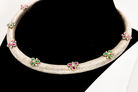 Oxidized Silver Plated Flower Hasli Necklace, Ruby and Green Hasli, Indian Fusion Necklace, Tribal Jewelry, Trendy Jewelry, Navratri Jewelry Oxidized Silver Plated Flower Hasli Necklace, Ruby and Green Hasli, Indian Fusion Necklace, Tribal Jewelry, Trendy Jewelry, Navratri Jewelry