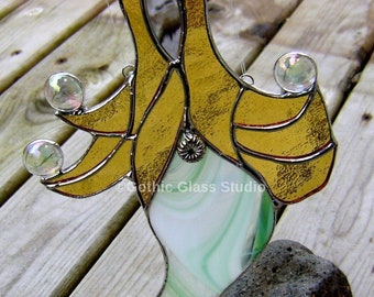 Handmade Stained Glass Mermaid Suncatcher: Gothic Window Decor underwater creatures bubbles one of a kind art made in Canada