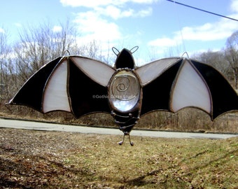 Halloween flying bats Handmade stained Glass Suncatcher: one of a kind Goth Yin Yang flying fox windows doors decor Tiffany style