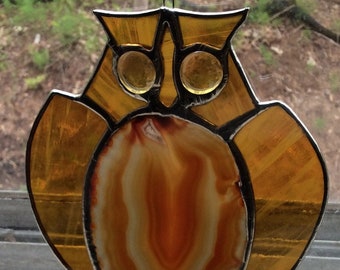 art glass brown owl, Stained Glass Owl sun catcher, OOAK owl wall art window art, Halloween Decor, OOAK Wise Owl, Gothic Glass Canadian art