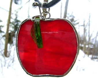 Handmade gothic red glass Apple Necklace Pendant Stained Glass Candy Apple, handMade In Canada, Gothic Glass studio goth girl wardrobe