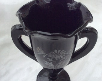 Vintage Black Gothic Loving vase with handles, purple Amethyst glass Amphora trophy vase silver overlay, LE Smith deep purple romantic goth