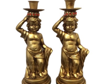 Vintage Gothic Gold Gilt Hollywood Regency Cherub cupid angels Candlestick Holder set fireplace mantle lighting Halloween dark romantic goth