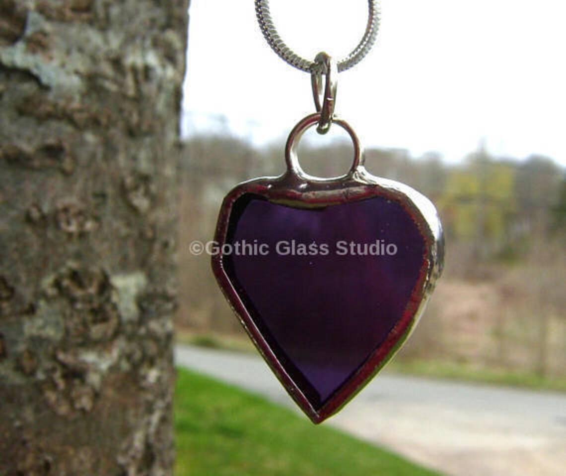 Purple Glass Heart Stained Glass Heart Glass Necklace Etsy