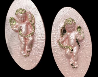 Vintage Gothic Hollywood Regency Baroque Pink and gold gilt Cherubs cupids angels wall plaque set Favor Ware chalk ware mcm religious decor