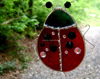 Ladybugs pattern decor, handmade Stained Glass Ladybug, red art Glass Ladybug bug Sun catcher wall art, Lady Luck, Canadian Gothic Art Glass
