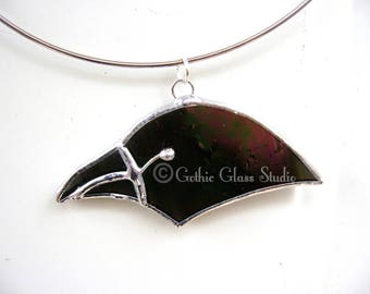 Handmade Stained Glass black Crow Ornament: Gothic Raven Suncatcher pendant Necklace
