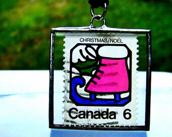 Handmade Postage Stamp Tree Ornament for skaters Skate Pendant, Figure Skating Old Skates Christmas stamps Olympics, Made In Canada gothic