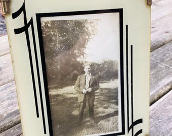 Vintage 1930s Art Deco Reverse Painted Glass Picture Frame | Cream, Black & Silver Geometric Tabletop Photo Frame with Original Snapshot
