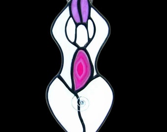 handmade OOAK pink and clear stained glass goddess for window or wall, Stain Glass Venus Woman Figurine, Pagan Curvy Woman LGBTQ2 feminist