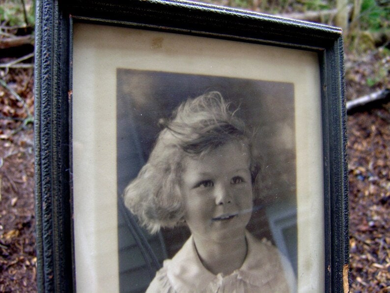 Vintage Black and white wood framed photograph of angelic child for Gothic decor, antique Child Portrait, art Ephemera John Wanamaker store image 6