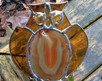handmade big brown owl, handcrafted original design Stained glass owl for wall or window, OOAK Owl sun catcher, Halloween Decor, spirit Owls