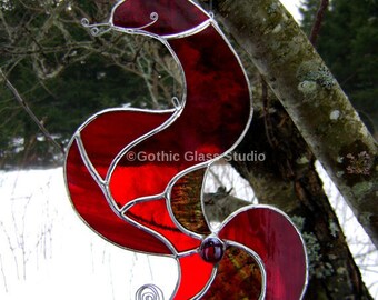 red glass snake, stained glass suncatcher snake wall art window art, Handmade art Glass red Snake, Serpent, Chinese New Year OOAK art glass