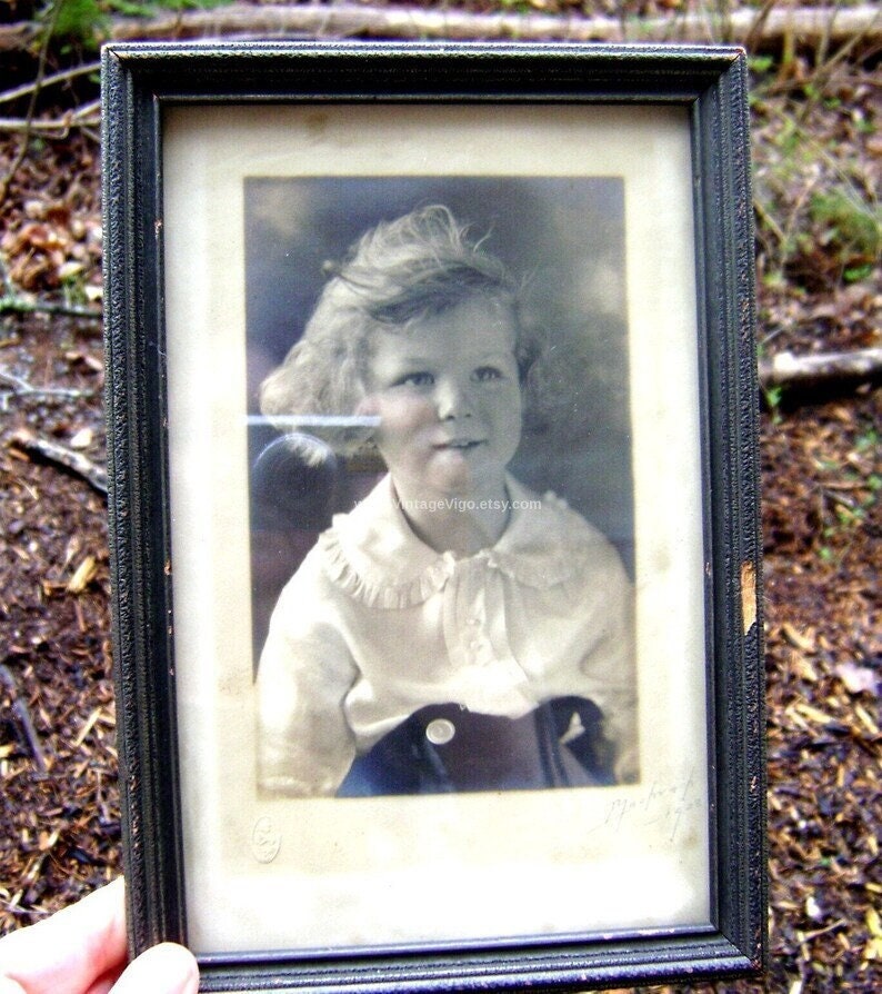 Vintage Black and white wood framed photograph of angelic child for Gothic decor, antique Child Portrait, art Ephemera John Wanamaker store image 1