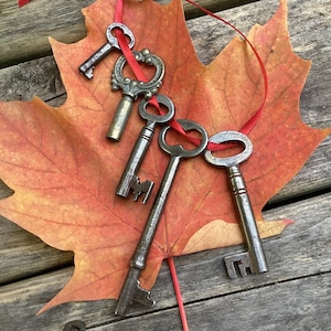 Peut inclure: Plusieurs clés anciennes, chacune avec un design unique, sont enfilées sur un ruban rouge. Les clés reposent sur une grande feuille d'érable orange et rouge vif, posée sur une surface en bois vieilli.