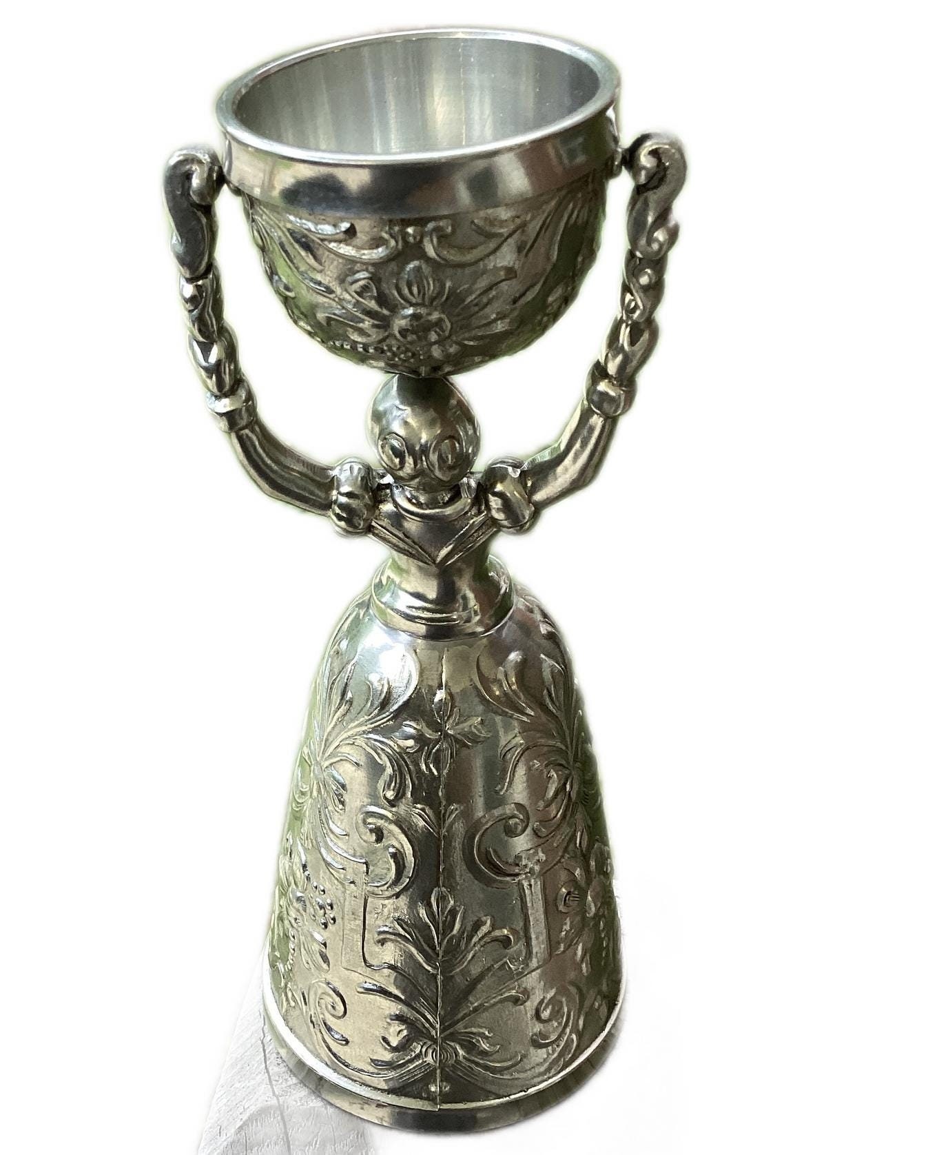Vintage Chalice Fein Zinn Pewter Ornate Bride & Groom Wedding Toasting Goblet Cup German Goth witch bride of Dracula Halloween ritual props