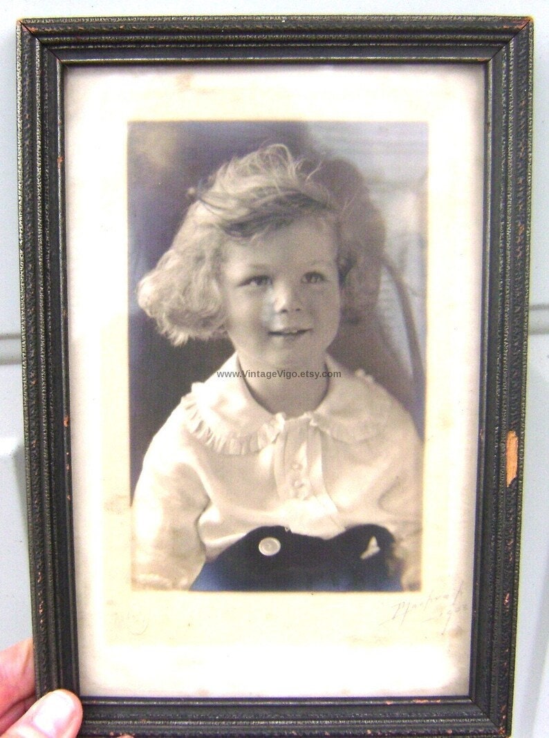 Vintage Black and white wood framed photograph of angelic child for Gothic decor, antique Child Portrait, art Ephemera John Wanamaker store image 2