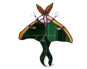 stained glass green Luna Moth hanging window door ornament, one of a kind handmade Moth suncatcher by Gothic Glass original design Canada