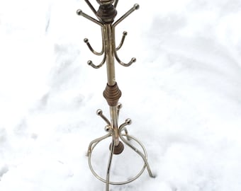 Vintage copper coat rack castle decor hat display, antiquated aged metal jewelry key stand, miniature doll house foyer hat and cane stand