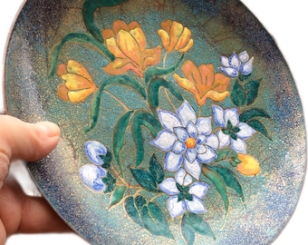 Vintage Gothic rustic floral enamel on copper plate Chile bowl wall dining table decor, Chilean baby blue orange raised flowers Gift for mom