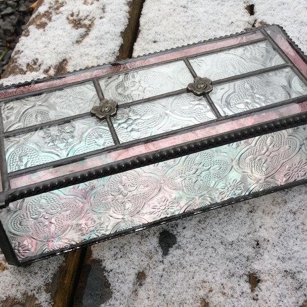 Vintage Gothic iridescent stained glass hinged footed trinket jewelry casket box, amethyst floral glass poison potion cigarette parlour case