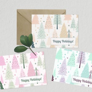 Trio de cartões de Natal divertidos, árvores vintage, 3 cores, fácil de personalizar, download digital, modelo, impressão em casa, faça você mesmo
