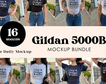 Gildan 5000B Mockup Bundle Baby Tee Mockup Real Model Shirt Mockup White Youth T-Shirt Mockup Trendy Crop Top Mockup Women&#39;s Baby Tee Mockup