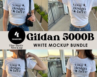 Gildan 5000B Mockup Bundle White Baby Tee Mockup Real Model Shirt Mockup Youth T-Shirt Mockup Trendy Crop Top Mockup Women&#39;s Baby Tee Mockup