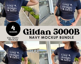 Gildan 5000B Mockup Bundle Navy Baby Tee Mockup Real Model Shirt Mockup Youth T-Shirt Mockup Trendy Crop Top Mockup Women&#39;s Baby Tee Mockup