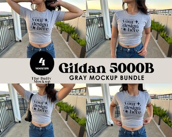 Gildan 5000B Mockup Bundle Gray Baby Tee Mockup Real Model Shirt Mockup Youth T-Shirt Mockup Trendy Crop Top Mockup Women&#39;s Baby Tee Mockup