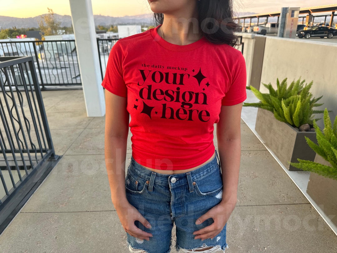 Gildan 5000B Mockup Red Baby Tee Mockup Real Model Shirt Mockup Red — free download
