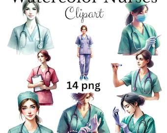 Pacchetto di clipart di infermiere ad acquerello, grafica PNG medica (uso commerciale)